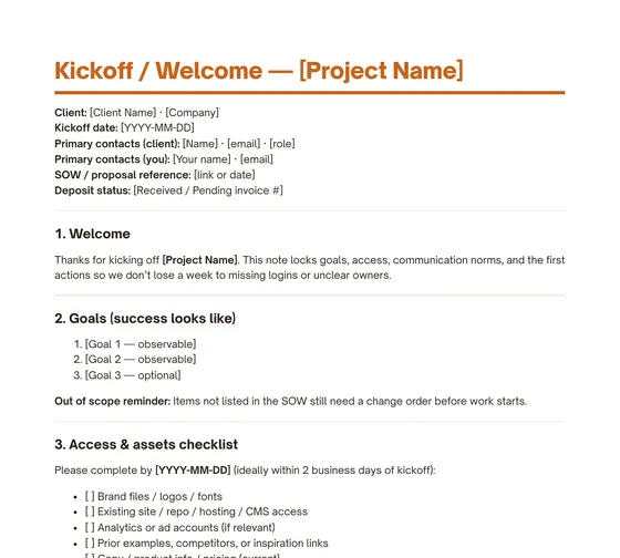 Kickoff and welcome template page