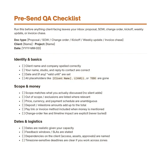 Pre-send QA checklist page