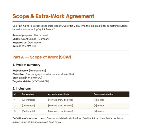 Scope and Extra-Work Agreement page