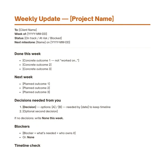 Weekly update template page